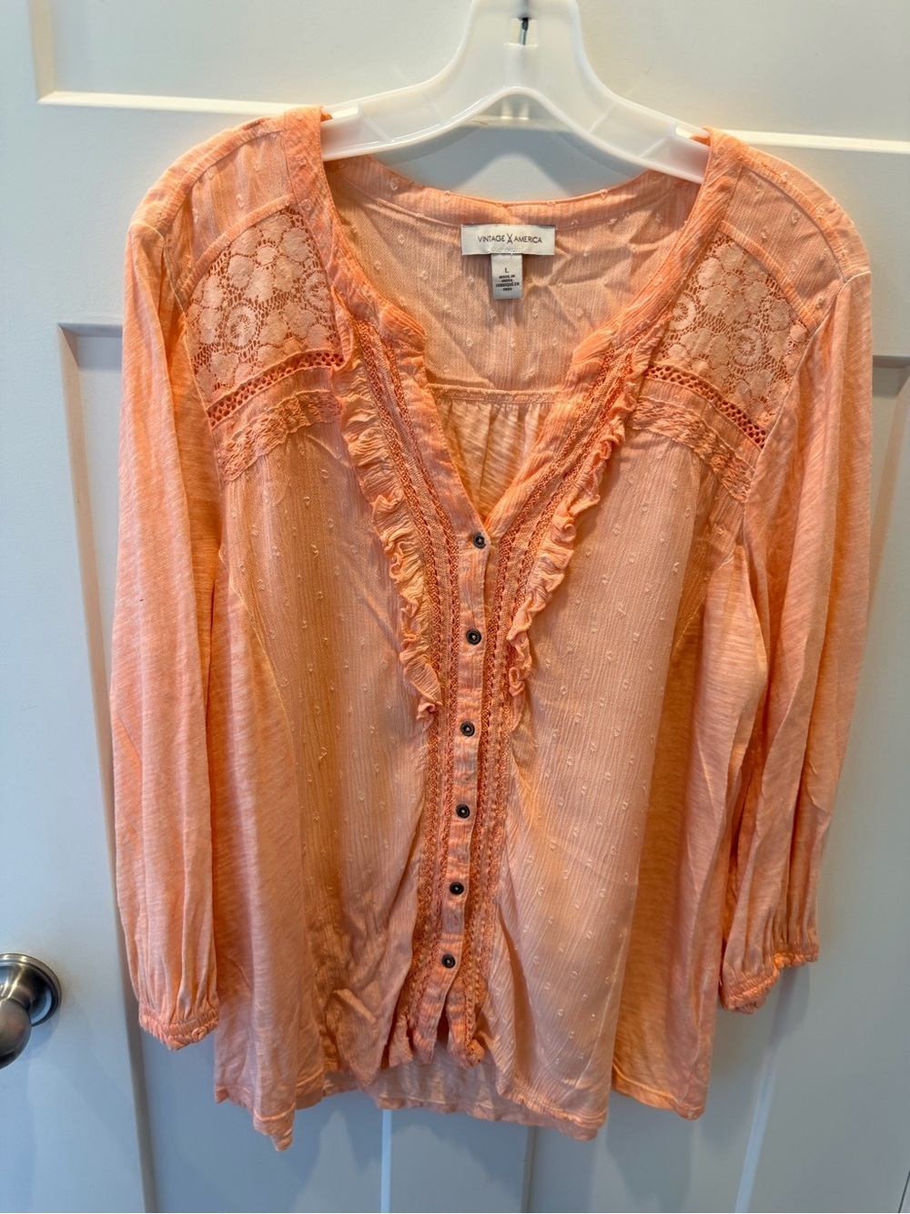 Vintage America Blouse Large Coral Lace Ruffle Boho Peasant Top